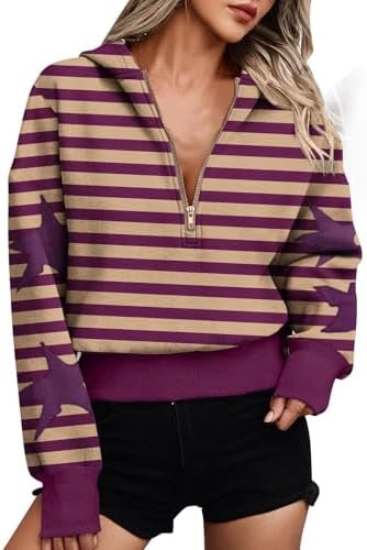 Women Casual Stripe Star Print Hooded Sweatshirt Zipper Long Sleeve Hoodie Top Plain Pullover Sweatshirt
